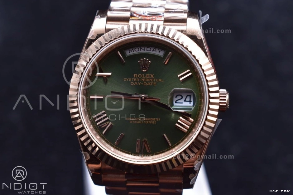 DayDate Markers FashionForward Steel Bracelet RG Roman V 904L on Tungsten GMF President 40 Weighted Dial 709 A2836 Green 1026